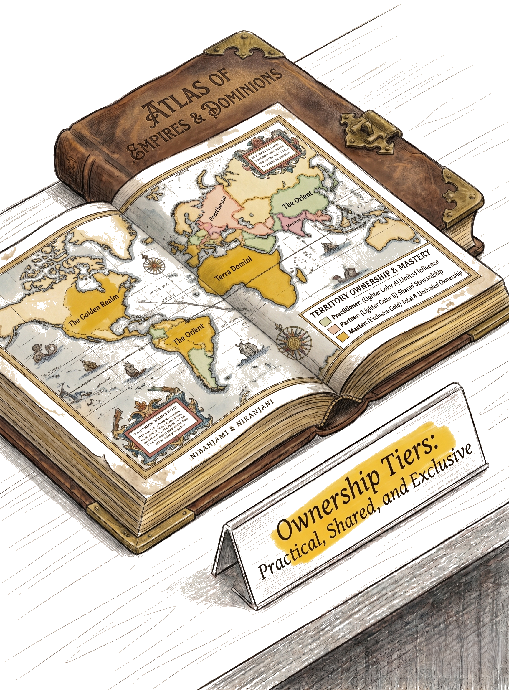 Open antique atlas of territories with a brass nameplate reading 'Ownership Tiers: Practical, Shared, and Exclusive'
