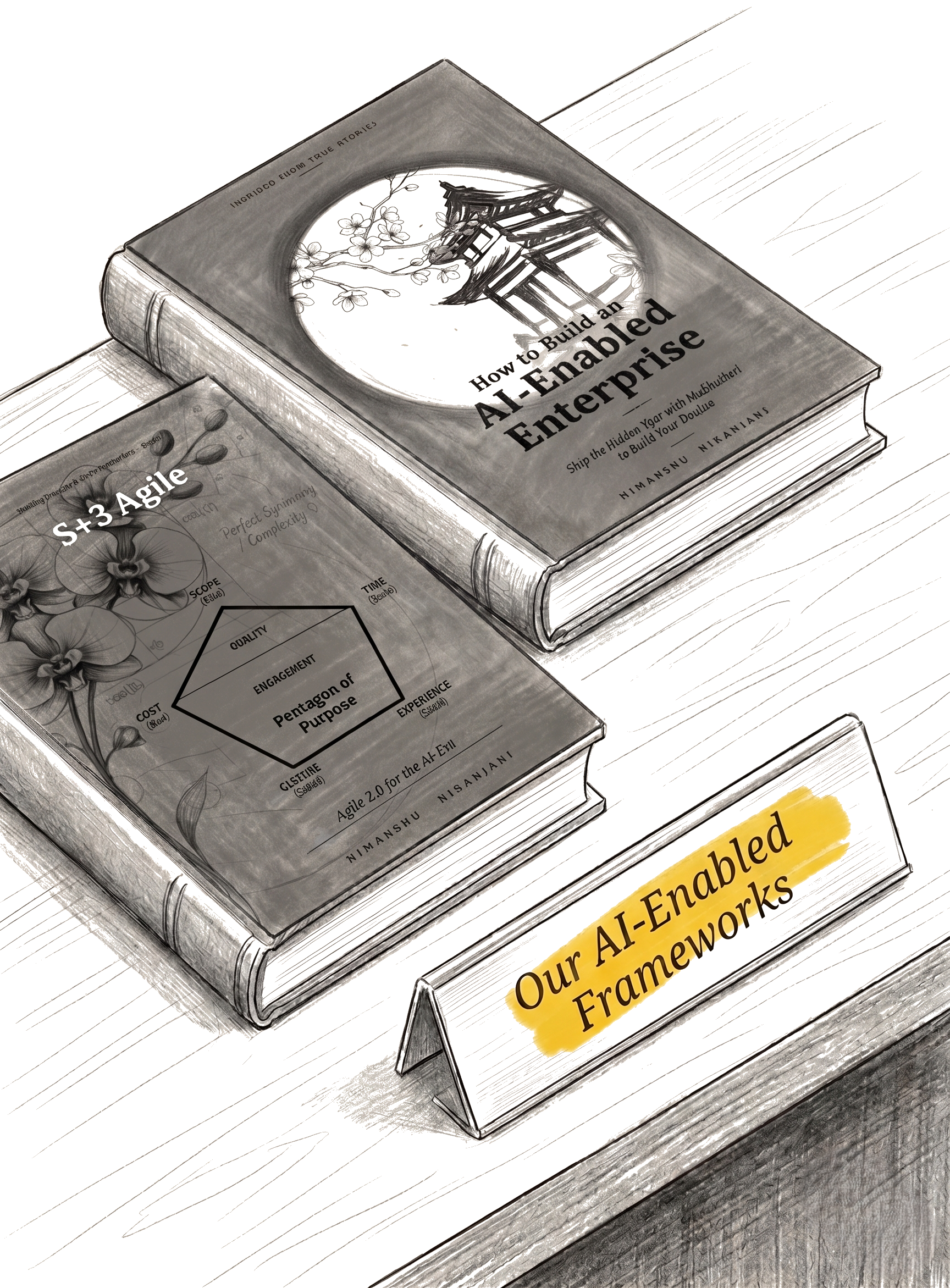 MuShuHaRi and S+3 Agile books on a desk with a brass nameplate reading 'Our AI-Enabled Frameworks'